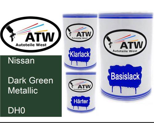 Nissan, Dark Green Metallic, DH0: 500ml Lackdose + 500ml Klarlack + 250ml Härter - Set, von ATW Autoteile West.